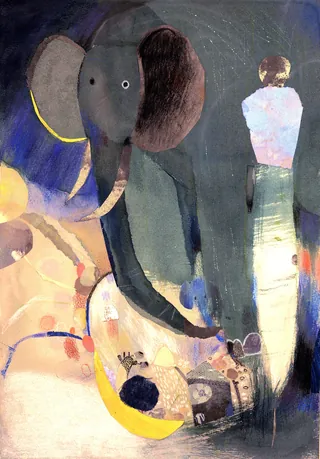 Abstract painting with an elephant and a human figure in muted colors