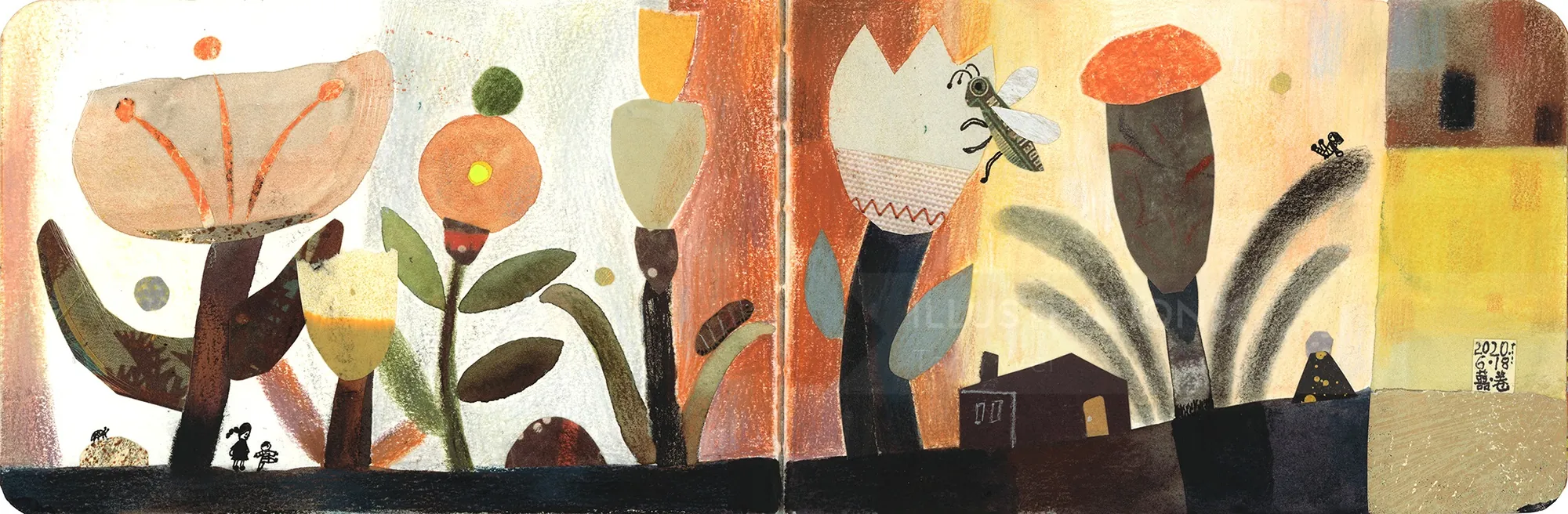 Abstract artwork featuring stylized flowers and plants in warm colors
