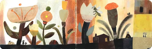Abstract artwork featuring stylized flowers and plants in warm colors