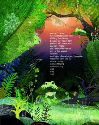 Green frog in vibrant forest with poem text in background