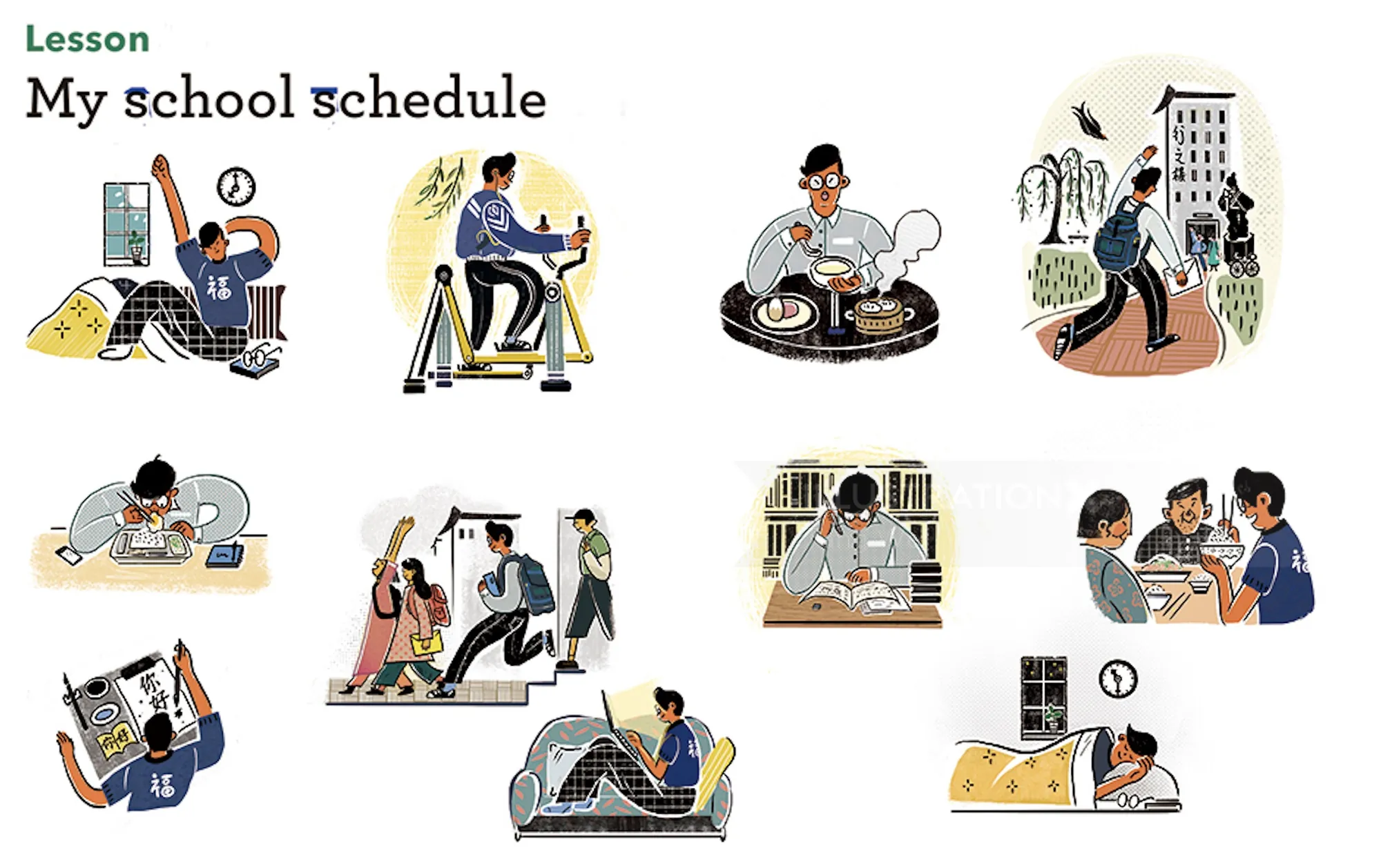 Various school schedule activities including studying, eating, exercising, and socializing.