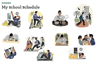 Various school schedule activities including studying, eating, exercising, and socializing.
