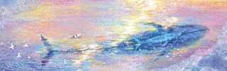 Impressionistic painting of shark swimming underwater with birds overhead