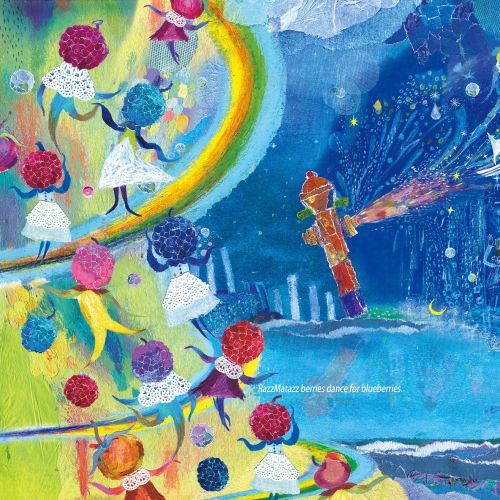 Children playing near a rainbow with magical creatures in a vibrant night sky.