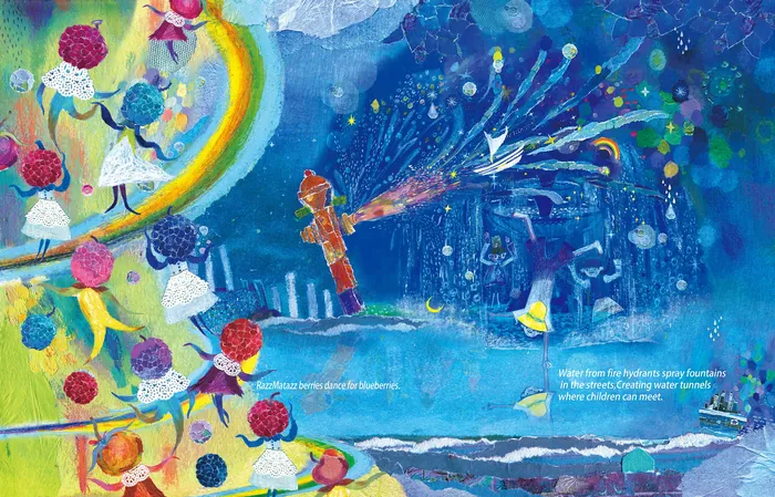 Children playing near a rainbow with magical creatures in a vibrant night sky.