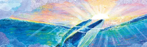 Whale breaking ocean surface under radiant sunlight