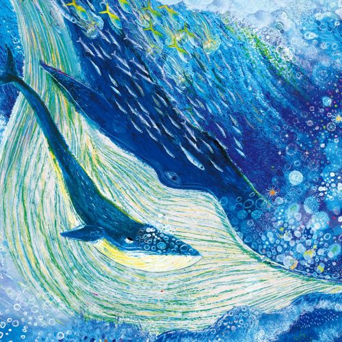 Blue whale swimming in ocean with colorful bubbles and underwater scenery