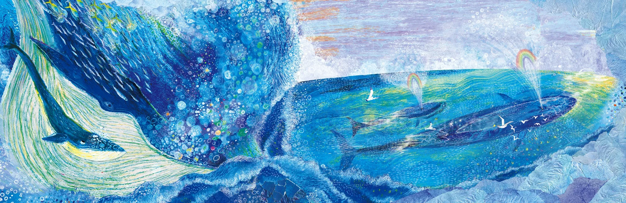 Blue whale swimming in ocean with colorful bubbles and underwater scenery