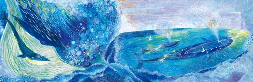 Blue whale swimming in ocean with colorful bubbles and underwater scenery