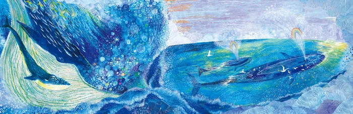 Blue whale swimming in ocean with colorful bubbles and underwater scenery