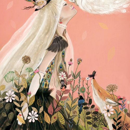 Woman with long hair and birds in a colorful floral scene