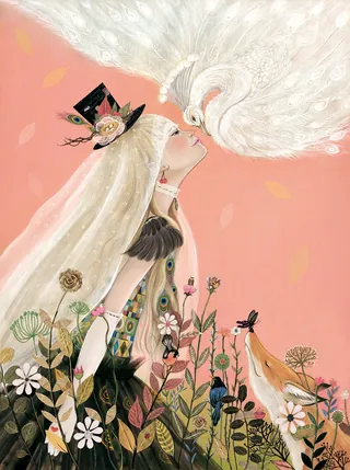 Woman with long hair and birds in a colorful floral scene