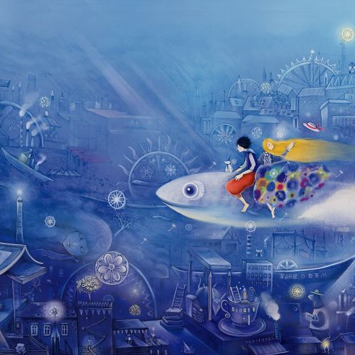 Person riding a vibrant fish over a fantastical blue city with gears