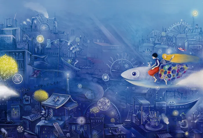Person riding a vibrant fish over a fantastical blue city with gears