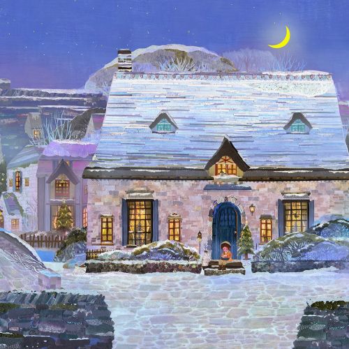 Snow-covered village houses at night with crescent moon and warm glow