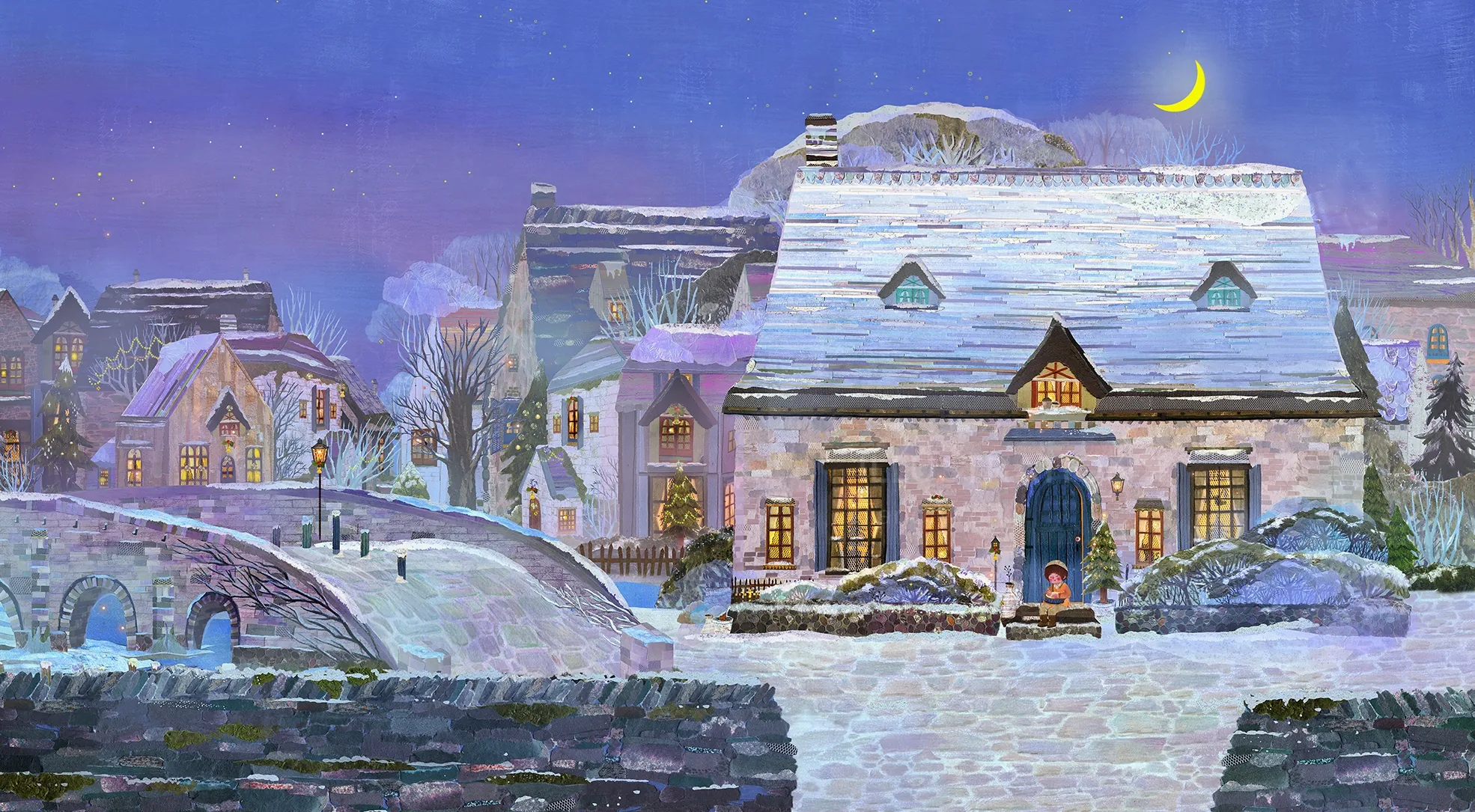 Snow-covered village houses at night with crescent moon and warm glow