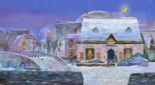 Snow-covered village houses at night with crescent moon and warm glow