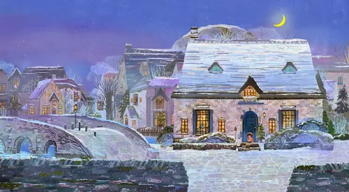 Snow-covered village houses at night with crescent moon and warm glow