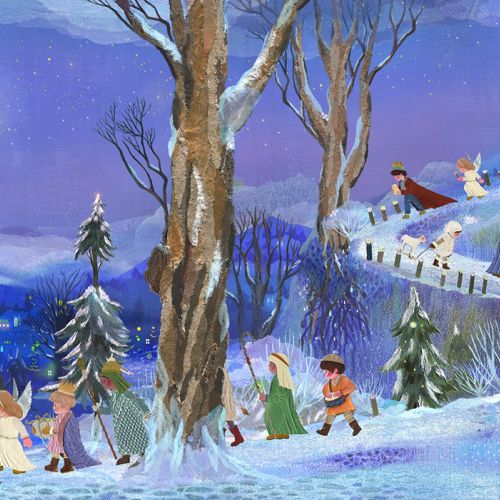 Children playing in a snowy landscape at night near a glowing church