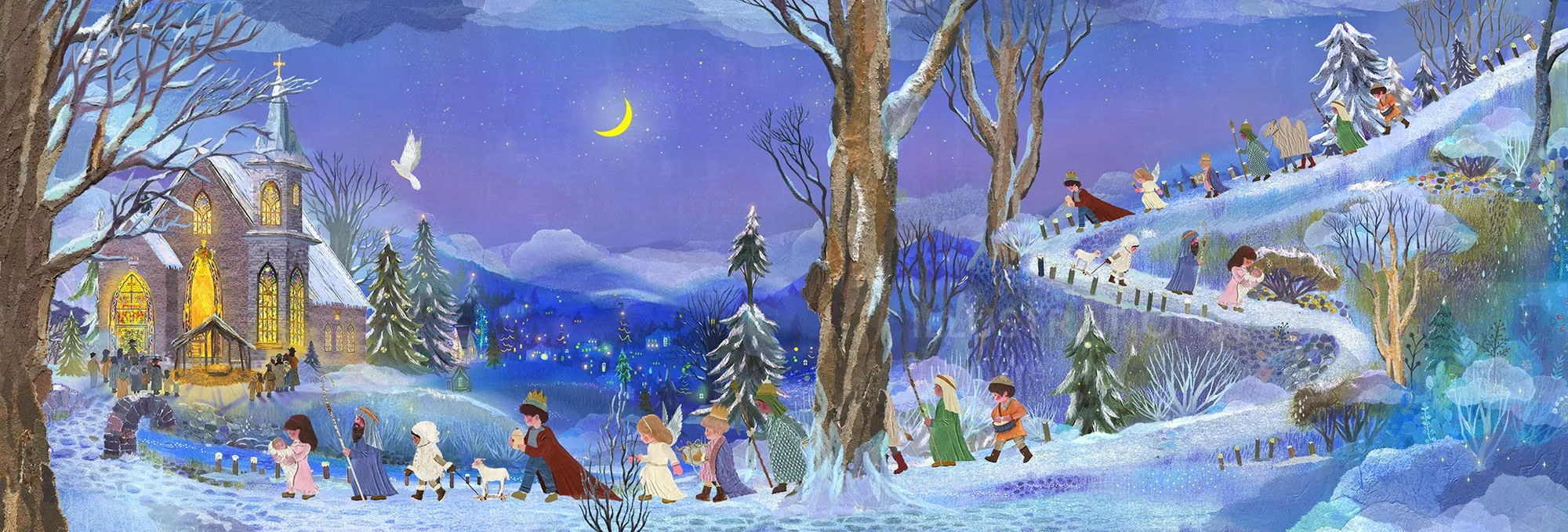Children playing in a snowy landscape at night near a glowing church