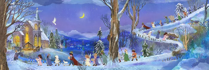 Children playing in a snowy landscape at night near a glowing church