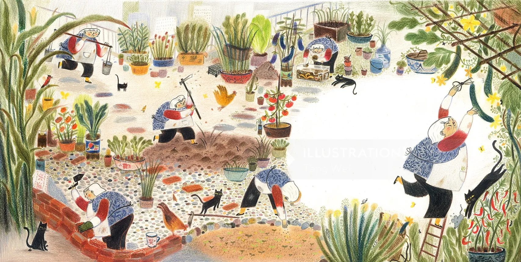 Gardeners planting and watering plants in a colorful garden scene
