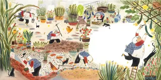 Gardeners planting and watering plants in a colorful garden scene