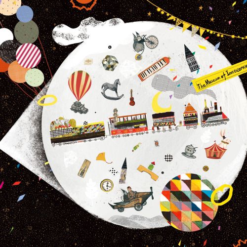 Children on clouds projecting a magical world filled with toys and trains