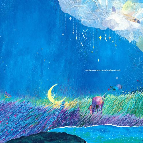 Owl in a grassy field under a crescent moon and starry night sky