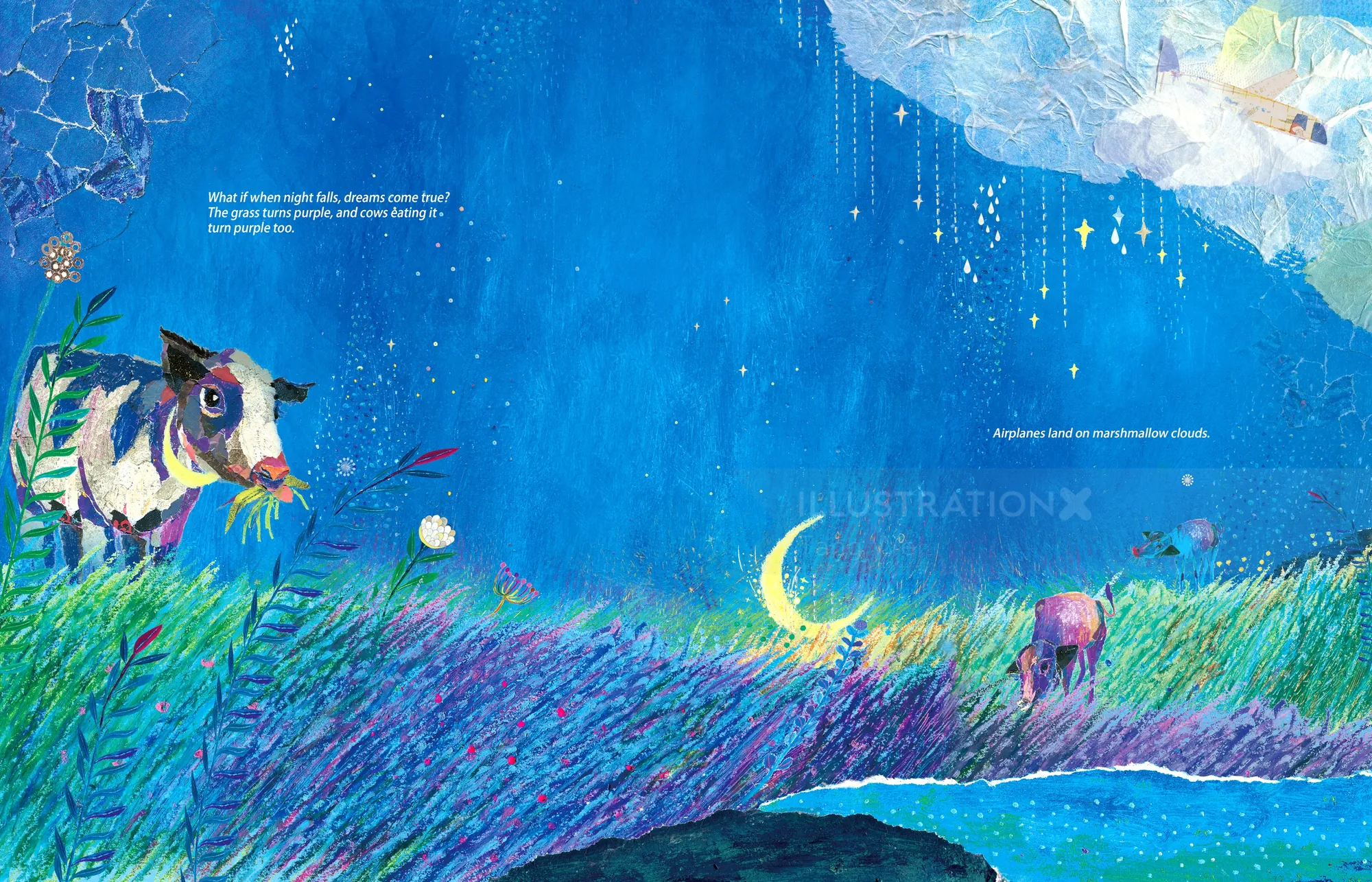 Owl in a grassy field under a crescent moon and starry night sky