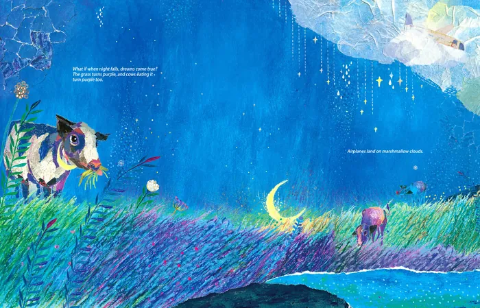 Owl in a grassy field under a crescent moon and starry night sky