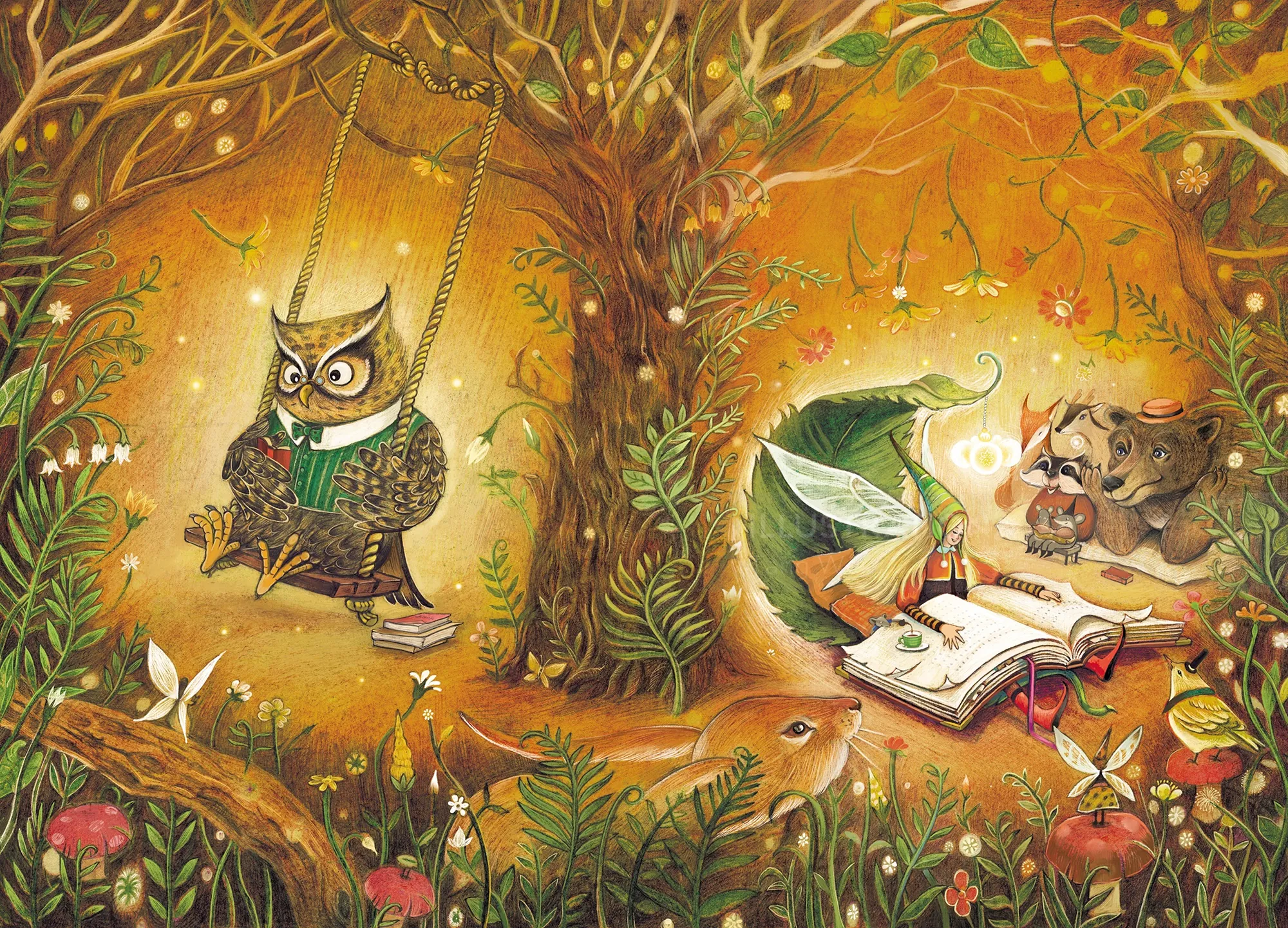 Owl on swing and fairy reading book in magical autumn forest.