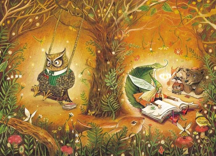 Owl on swing and fairy reading book in magical autumn forest.