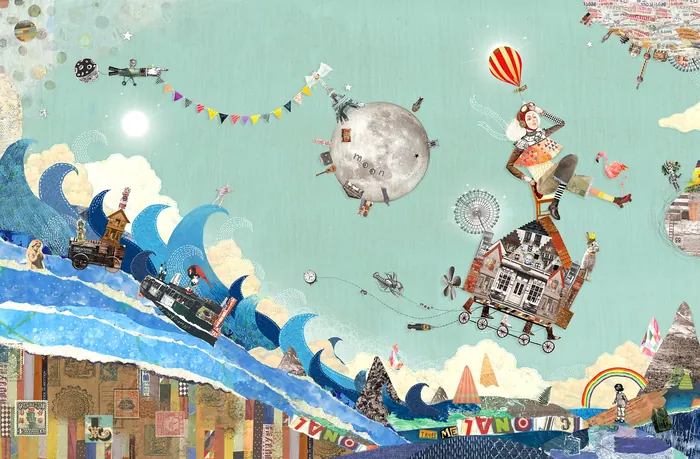 Surreal collage with flying houses, moon, hot air balloon, and colorful waves
