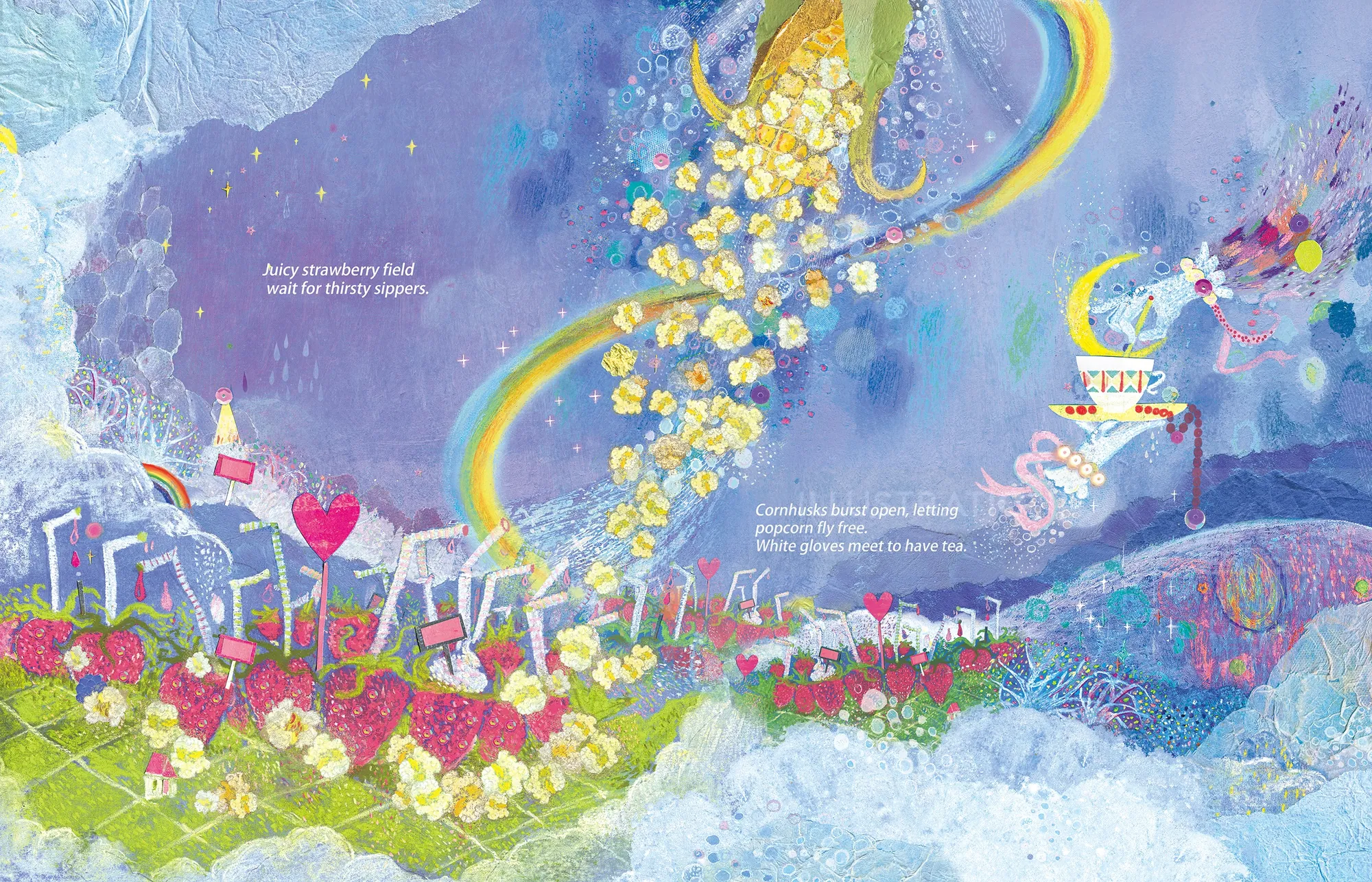 Abstract vibrant garden with flowers and golden swirls under a blue sky.