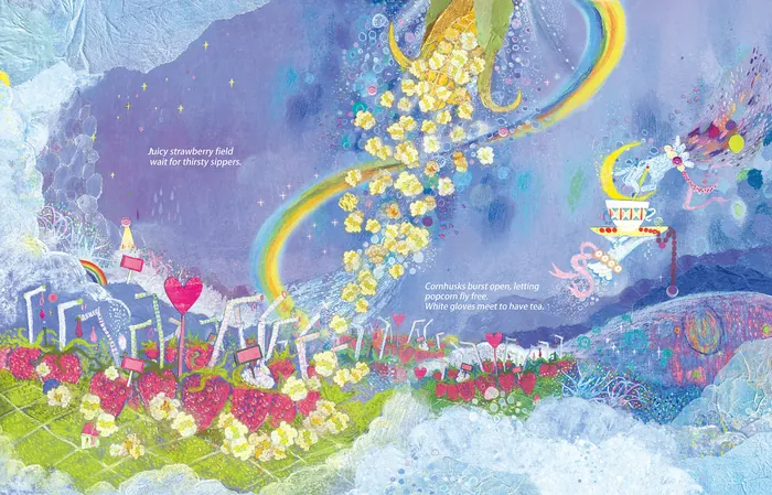 Abstract vibrant garden with flowers and golden swirls under a blue sky.