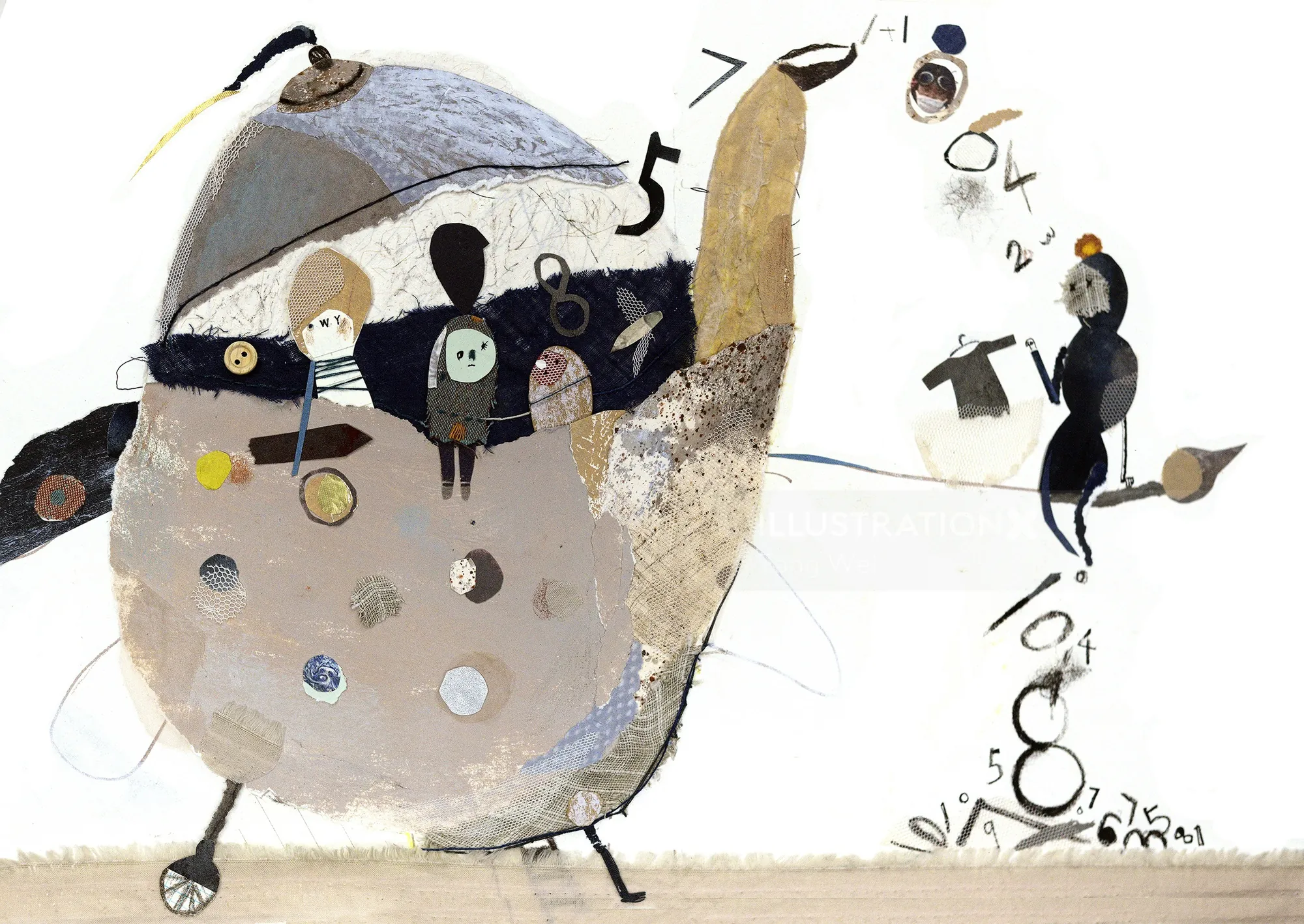 Illustration of a teapot with abstract figures and floating numbers