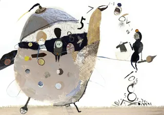 Illustration of a teapot with abstract figures and floating numbers