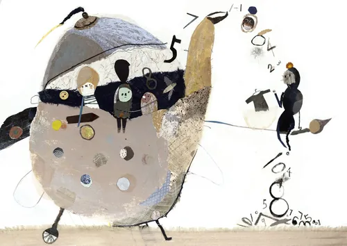 Illustration of a teapot with abstract figures and floating numbers