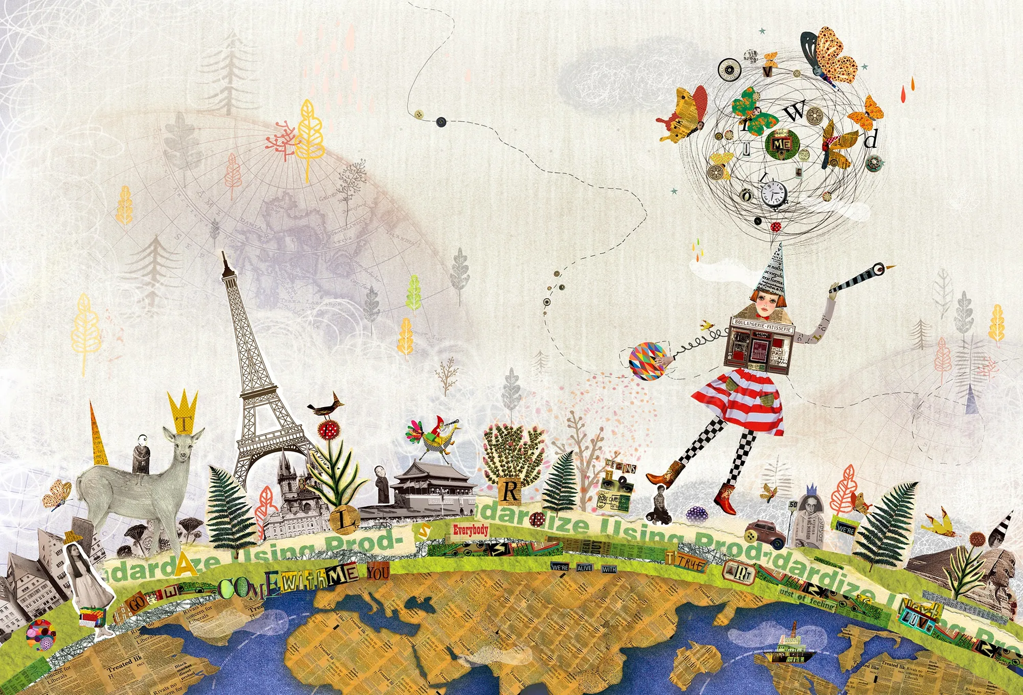 Whimsical robot with butterflies near Eiffel Tower on a colorful earth globe