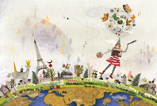 Whimsical robot with butterflies near Eiffel Tower on a colorful earth globe