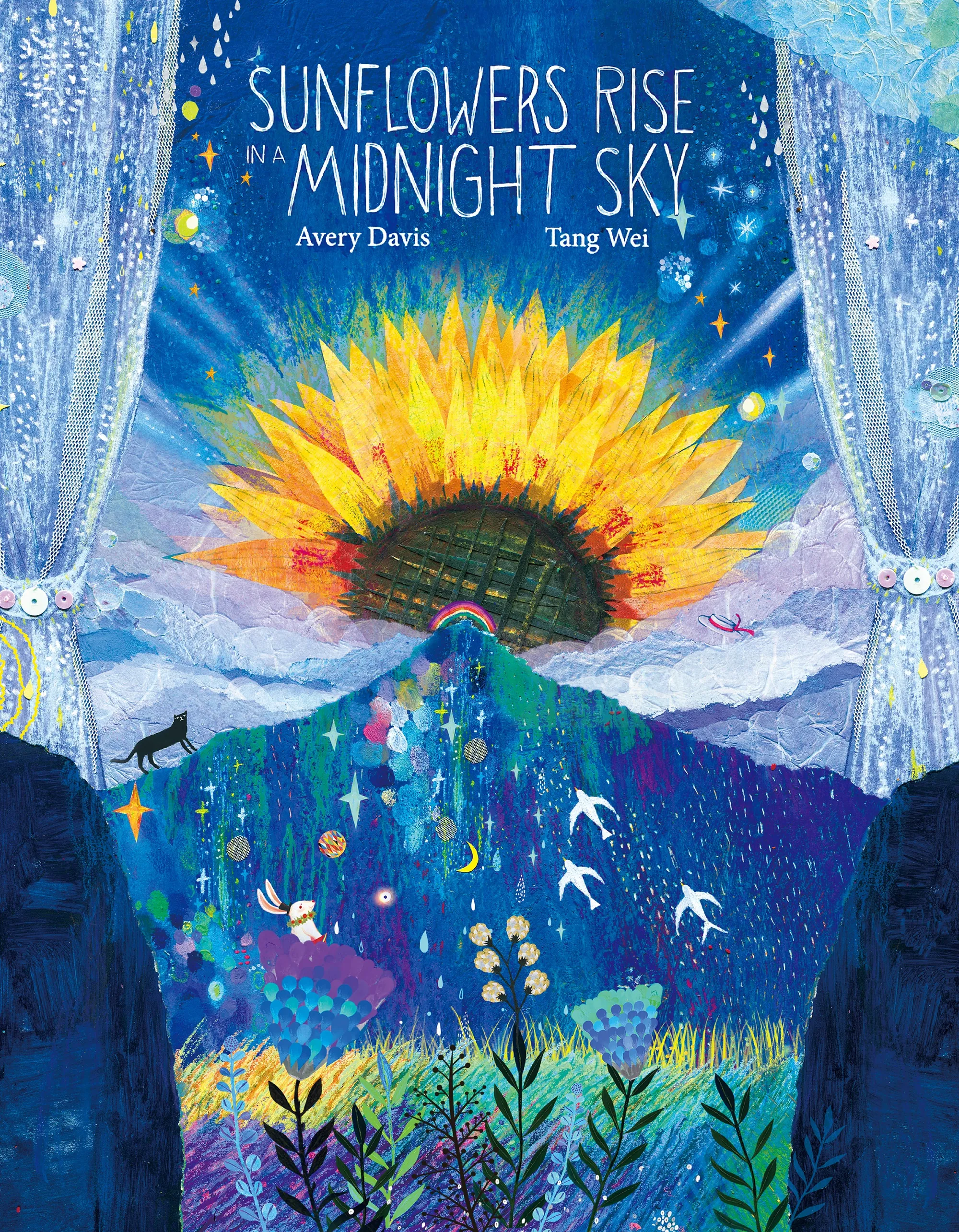 Giant sunflower rising behind mountain with starry night sky and flying birds