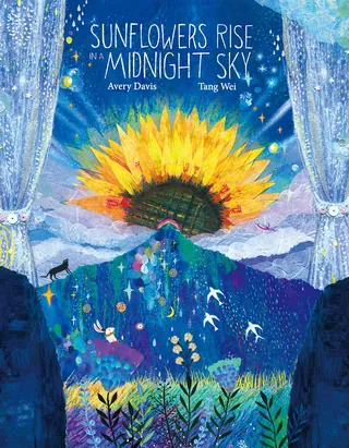 Giant sunflower rising behind mountain with starry night sky and flying birds