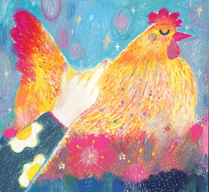 Hand making rock sign near colorful rooster with floral background