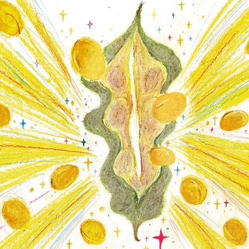 Bursting seed pod with golden seeds and radiant yellow light
