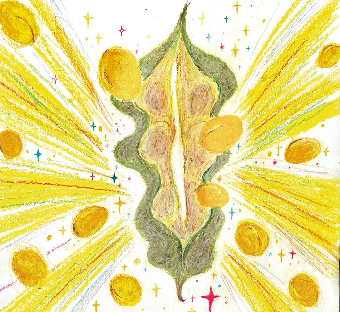 Bursting seed pod with golden seeds and radiant yellow light