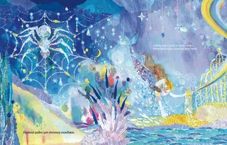 Colorful underwater scene with a mermaid, sparkling spider webs, and crystals