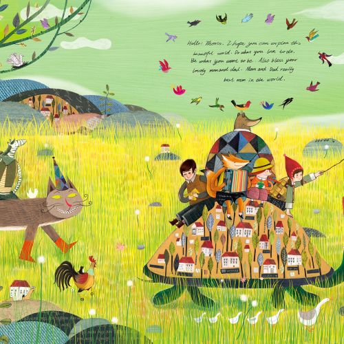 Children riding a large turtle carrying books in a vibrant meadow