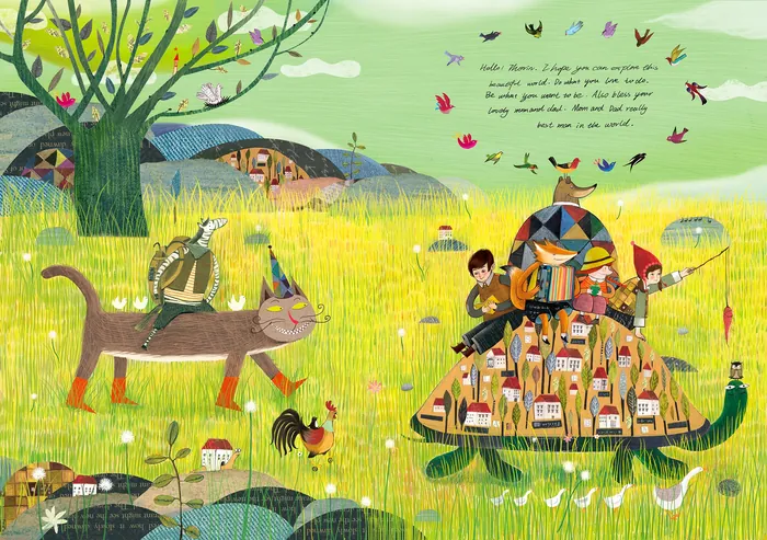 Children riding a large turtle carrying books in a vibrant meadow