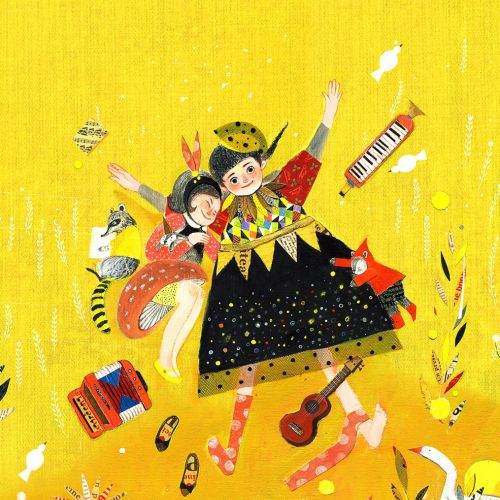 Two children in vibrant costumes dancing with musical instruments on yellow